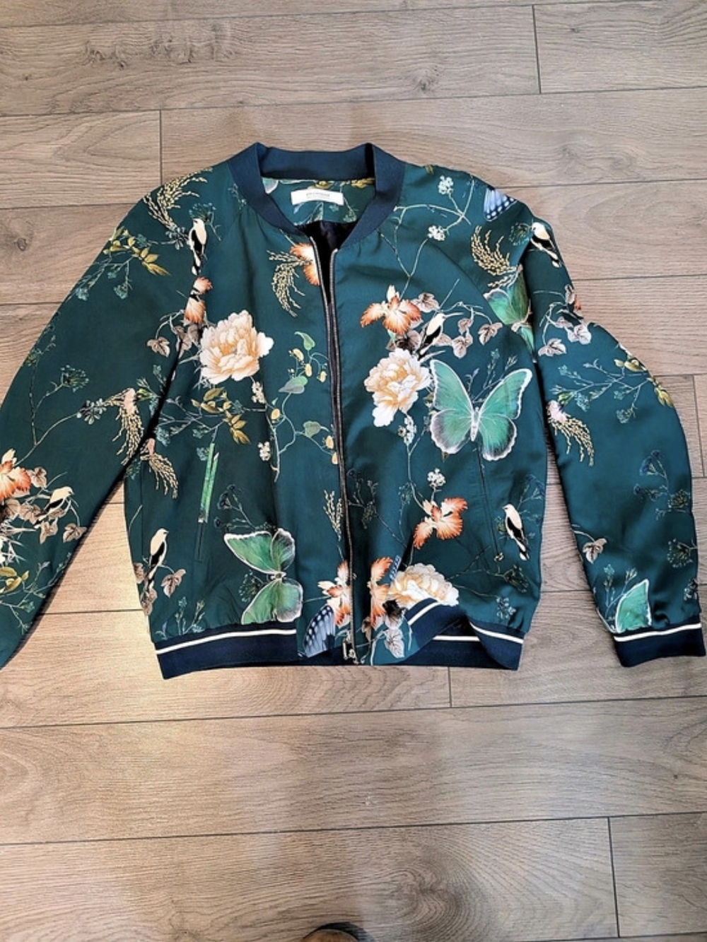 Promod Floral Bomber Jacket in Green & Black Size Medium Like New